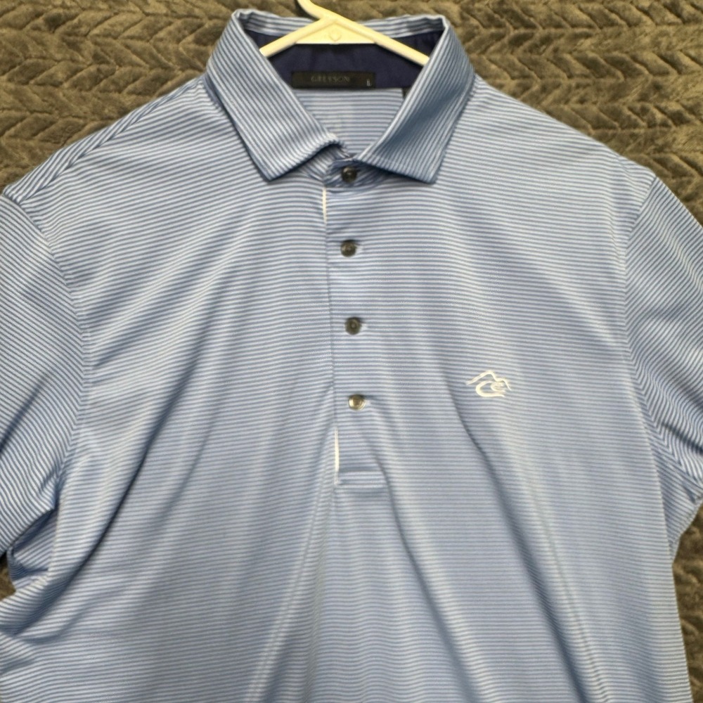 Greyson Blue White Micro Stripe Performance Golf Polo Shirt Size Large (1538)